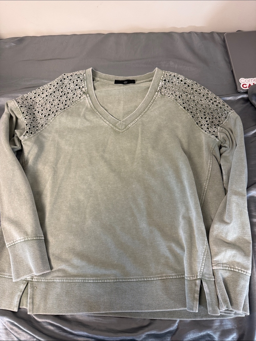 Jane + Delancey V-neck Olive Green Sweatshirt with Eyelet Shoulder Detail